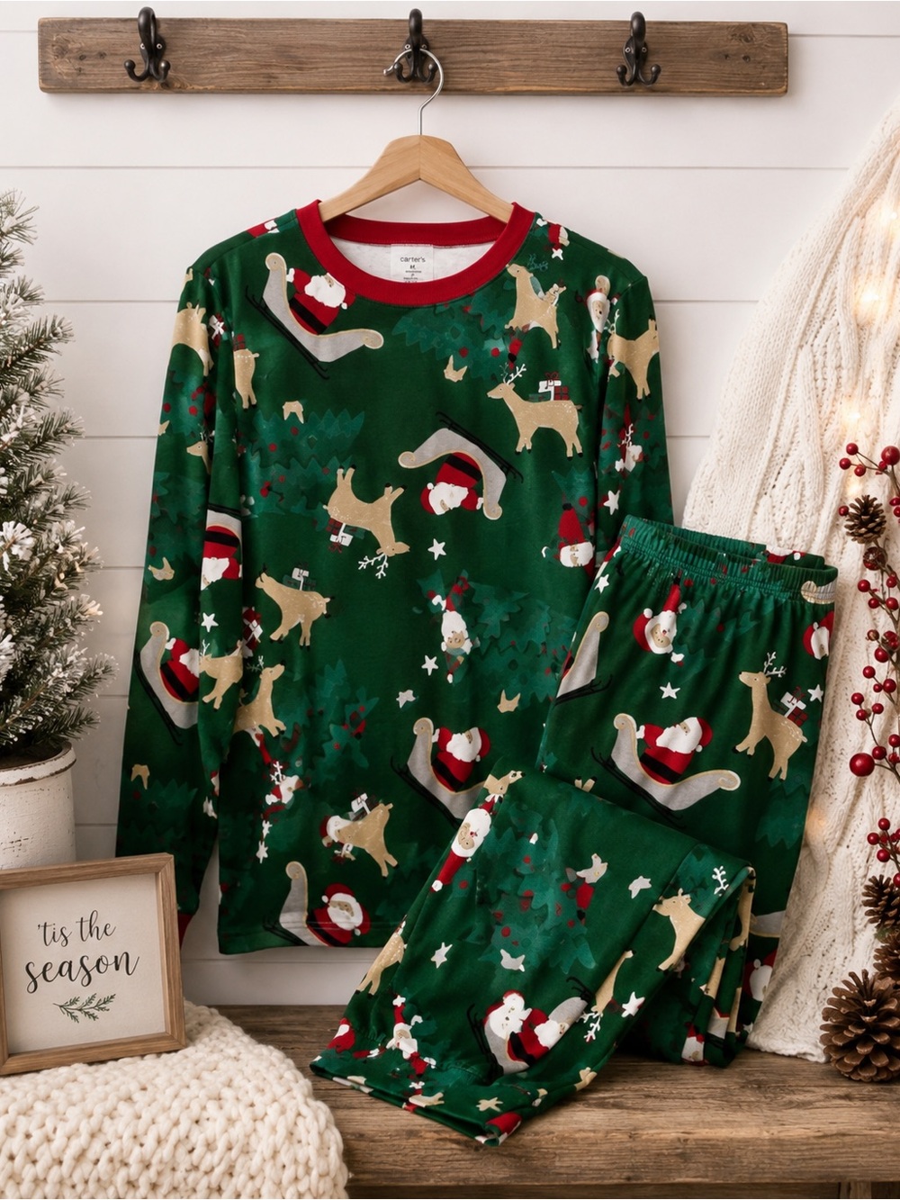 Carter’s Christmas Pajama Set Santa Reindeer Green Cotton Adult Unisex Mediu